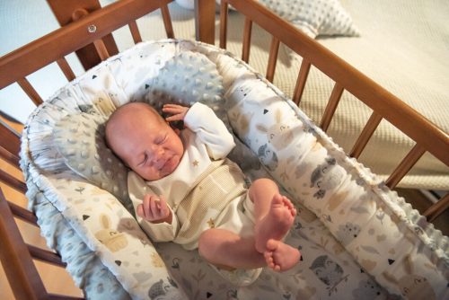 Babafészek pillangó párnával - bagoly és nyuszi - szürke minky